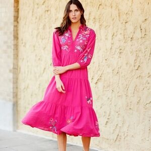 Johnny Was Fuchsia Embroidered Midi Dress